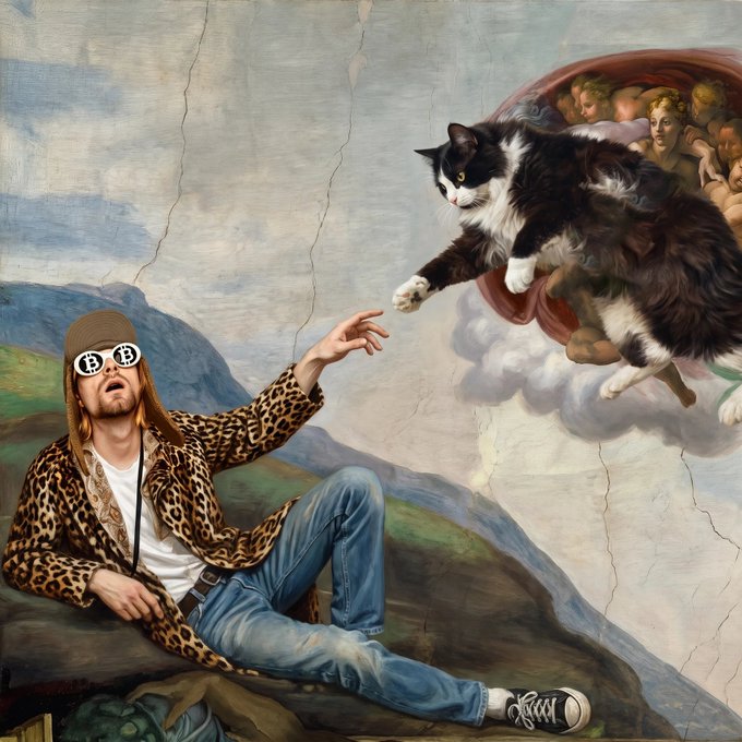 A man wearing Bitcoin-themed sunglasses, a leopard print jacket, and jeans reaches out to a fluffy black and white cat that appears to be floating among cherubs in a Renaissance-style painting setting.