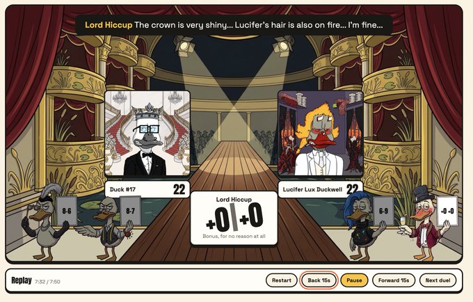 Screenshot from a video game showing a duck-themed beauty pageant judging scene with characters 'Duck #17' and 'Lucifer Lux Duckwell' both receiving scores of 22, with Lord Hiccup commenting 'The crown is very shiny... Lucifer's hair is also on fire... I'm fine...'