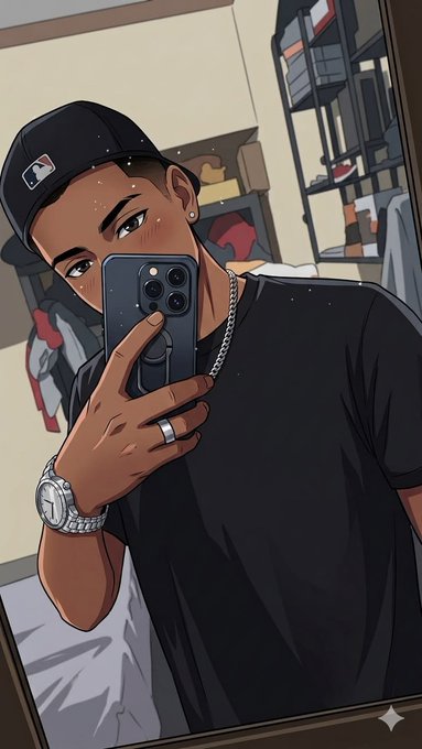 An anime-style illustration of a young man wearing a black cap and t-shirt, taking a mirror selfie with his phone in what appears to be a closet or storage room.