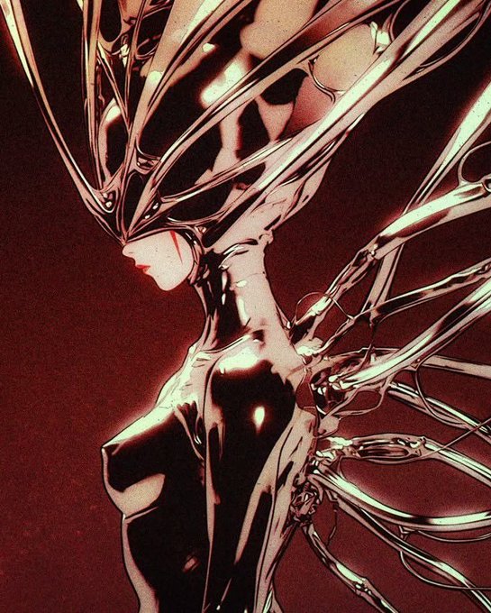 A digital artwork depicting a stylized female figure in profile with an intricate, reflective metallic headdress and flowing tendrils extending from her back, set against a dark red background.