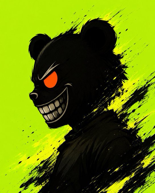 A stylized illustration of a menacing black bear with glowing red eyes and a wide, toothy grin, set against a bright green background with black ink splatters.