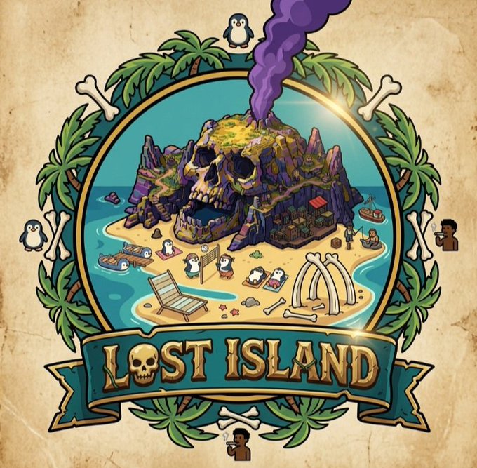A circular illustrated emblem titled 'LOST ISLAND' depicts a skull-shaped volcano island surrounded by small penguin characters, with bones and tropical leaves decorating the border on a parchment-like background.
