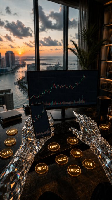 Crystal hand sculptures grip a smartphone alongside a monitor displaying candlestick charts, set against a sunset cityscape with floating cryptocurrency ticker tags including XRP, XLM, HBAR, FLR, QNT, LINK, ALGO, SOL, ONDO, ZBCN, and XOC. The luxurious scene of poised, diamond-like hands calmly holding crypto tools reinforces the post's message of confident, research-driven buying during market dips rather than fear-driven decisions.