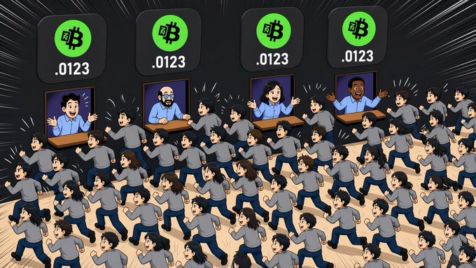A cartoon illustration showing four Bitcoin (.0123) giveaways displayed at the top, with people rushing chaotically toward them from below.