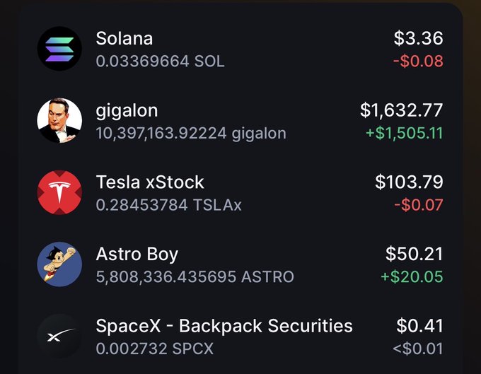 A cryptocurrency portfolio dashboard displaying tokens including Solana ($3.36, -$0.08), gigalon ($1,632.77, +$1,505.11), Tesla xStock ($103.79, -$0.07), Astro Boy ($50.21, +$20.05), and SpaceX - Backpack Securities ($0.41, <$0.01).