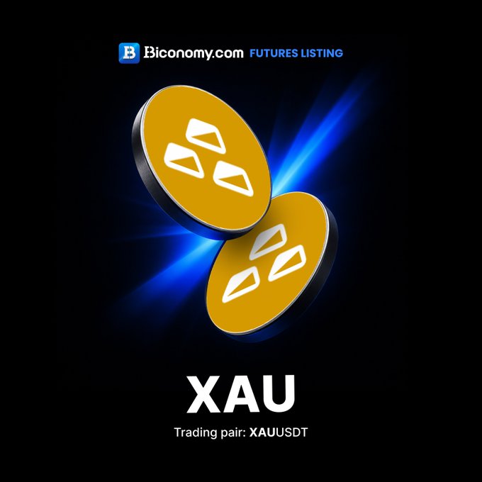 A promotional graphic from Biconomy.com announcing their new XAU (XAU/USDT) futures listing, featuring two gold coin tokens with diamond-shaped logos against a dark background with blue light rays. The image visually reinforces the post's announcement of the XAU perpetual contract launch on Biconomy Futures.