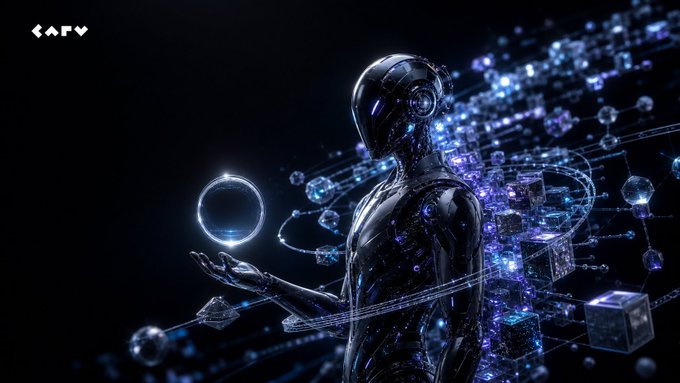 The image depicts a sleek, futuristic humanoid robot or AI figure bathed in glowing blue and purple light, with intricate digital networks and geometric shapes radiating from its body. In its outstretched palm, it holds a luminous sphere, while a logo reading "LAFv" appears in the upper left corner. The visual aligns with the post's theme by symbolizing how AI agents may possess an identity (the glowing orb) but lack the substantive history or verifiable track record—the very distinction the message emphasizes.