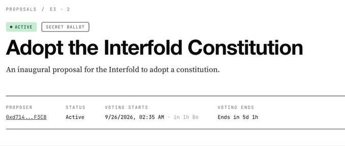 A governance proposal page titled 'Adopt the Interfold Constitution' marked as ACTIVE with SECRET BALLOT, voting starting 9/26/2026 at 02:35 AM and ending in 5 days 1 hour.