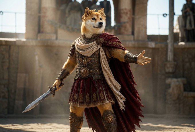 The image features a Shiba Inu dog dressed as a Roman soldier with a sword in its mouth, standing in front of a stone wall or building. The caption above the image reads "Memes never die, they just come in several forms." This suggests that the meme is not only about the dog's costume but also about the idea that memes can take various forms and have different interpretations depending on their context.