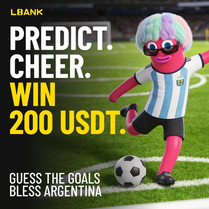 A pink mascot with rainbow hair, wearing an Argentina soccer jersey and sunglasses, kicks a soccer ball on a green field beside the text "LBANK PREDICT. CHEER. WIN 200 USDT. GUESS THE GOALS BLESS ARGENTINA."

The image relates to the post by showcasing the prize announcement for LBANK's World Cup prediction campaign, which offered 200 USDT to winners who correctly guessed the goals during Argentina's matches.