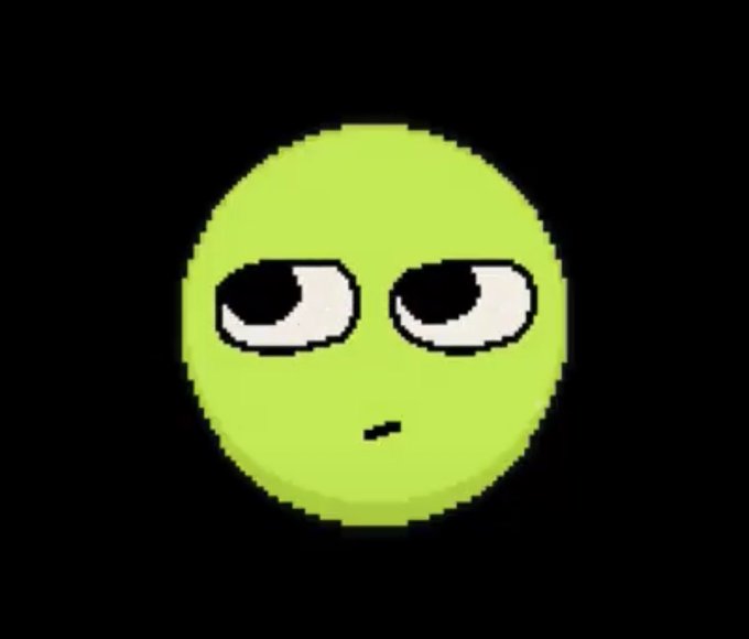 A pixelated green smiley face emoji with a sideways, unamused glance and a small flat mouth against a black background, fitting the skeptical or unimpressed tone of a tweet announcing a giveaway.