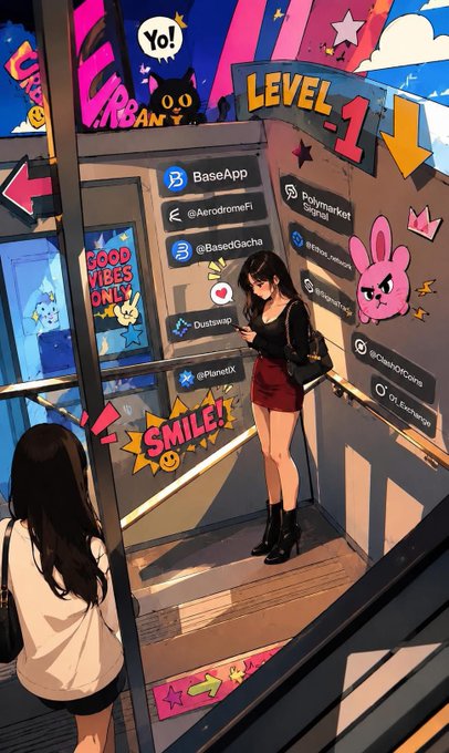 The image shows two women standing next to each other inside an escalator at a mall or shopping center. One of them is looking down, possibly checking her phone, while the other woman looks up towards the ceiling. The background features colorful graffiti art on the walls and signs advertising various stores in the mall.