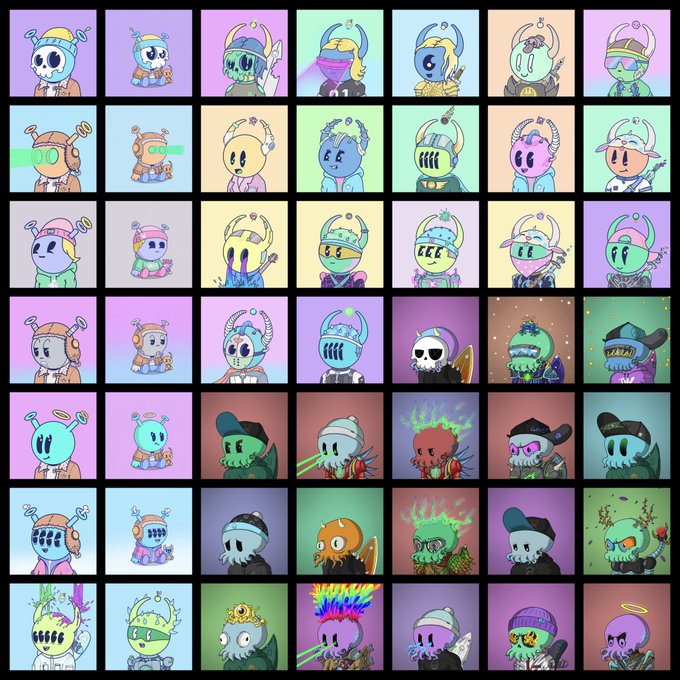 A grid of colorful digital art NFTs featuring various cartoon characters in helmets and costumes with different themes and color palettes.