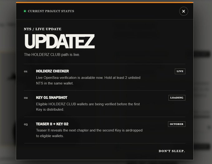 A 'Current Project Status' update panel for HOLDERZ CLUB announcing that the 'Holderz Checker' is live for NTS verification, with 'UPDATEZ' prominently displayed and the tagline 'DON'T SLEEP.'