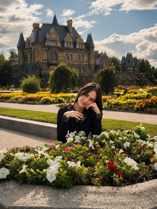 A woman in a black lace top poses behind a flowerbed of white, red, and yellow blooms in front of a large castle-like building under a partly cloudy sky.