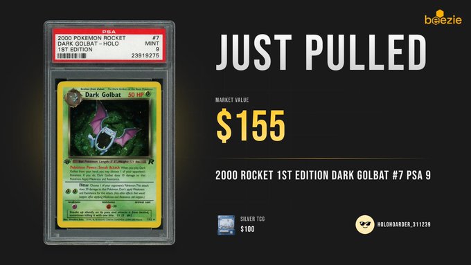 A screenshot showing a recently pulled PSA 9 graded 2000 Pokemon Rocket 1st Edition Dark Golbat #7 Holo card with a market value of $155, displayed on what appears to be the 'bigezie' platform.
