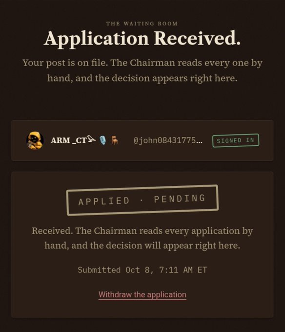A dark-themed webpage titled 'THE WAITING ROOM' confirms 'Application Received' for user ARM_CT (@john08431775...), showing an 'APPLIED · PENDING' status submitted on Oct 8.