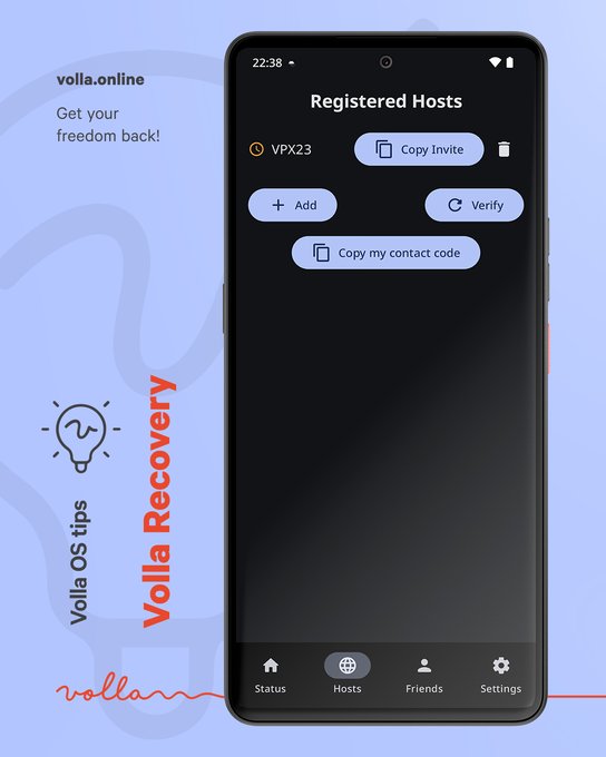 A promotional graphic for the 'volla.online' app showing a smartphone interface for 'Volla Recovery' with registered host management and an OS tips lightbulb icon.