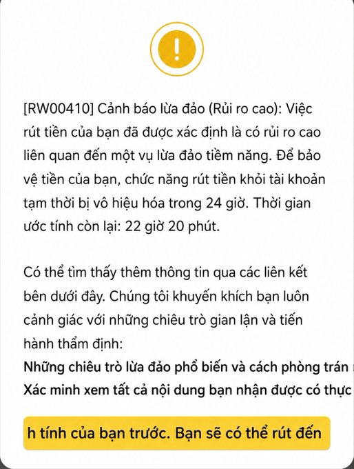 Warning message in Vietnamese labeled [RW00410] indicating a high-risk fraud alert, with withdrawal functions disabled for 24 hours and approximately 22 hours and 20 minutes remaining.