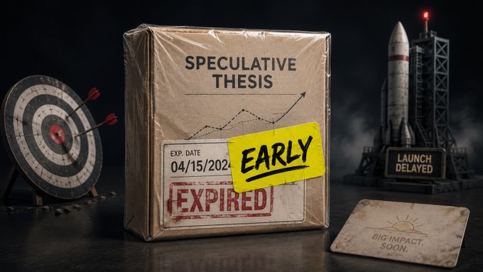 A conceptual image featuring a cardboard box labeled "SPECULATIVE THESIS" with an expiration date of 04/15/2024 marked "EXPIRED," alongside an "EARLY" sticker, a target with arrows, a delayed rocket launch, and a "BIG IMPACT SOON" card.
