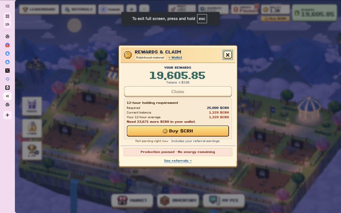 A screenshot of a video game rewards and claim window showing 19,605.85 tokens, with a 'Claim' button and a 'Buy SCRH' button, set against a colorful farm scene background.