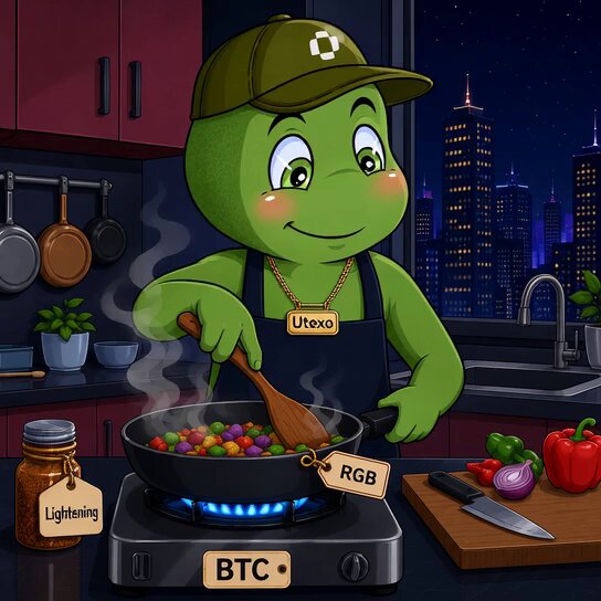 The image features a cartoon green frog wearing an apron and hat standing over a stove with a frying pan filled with food, such as peppers or tomatoes. The scene takes place in a kitchen setting, which includes various cooking utensils like spoons and bowls. The post about Bitcoin, Lightning, and RGB is related to the image because it highlights how these digital assets are being used for cooking purposes instead of traditional financial transactions. This demonstrates an unconventional approach to utilizing cryptocurrency technology by incorporating it into everyday activities such as cooking.