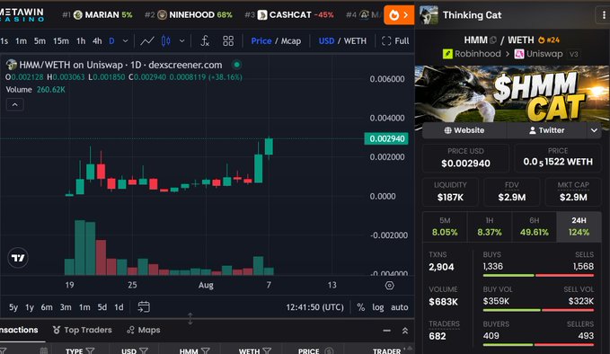 Screenshot of a cryptocurrency chart showing HMM/WETH trading pair on Uniswap via dexscreener.com, displaying price of 0.002940 USD with trading details and 'Thinking Cat' branding.
