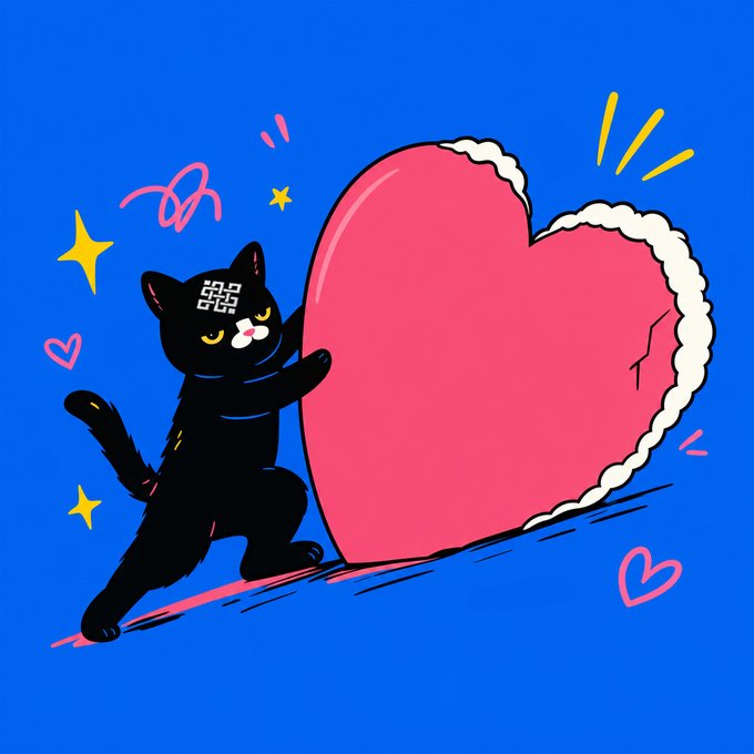 An illustration shows a black cat with a glitching face design hugging a large pink heart with white trim against a bright blue background with stars.