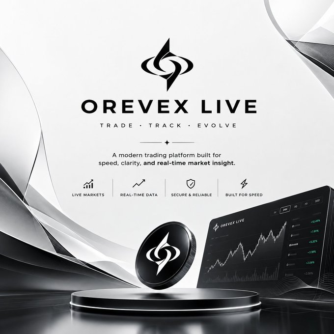 A sleek promotional graphic for 'OREVEX LIVE' trading platform with the tagline 'TRADE · TRACK · EVOLVE' featuring features like Live Markets, Real-Time Data, and Built for Speed.