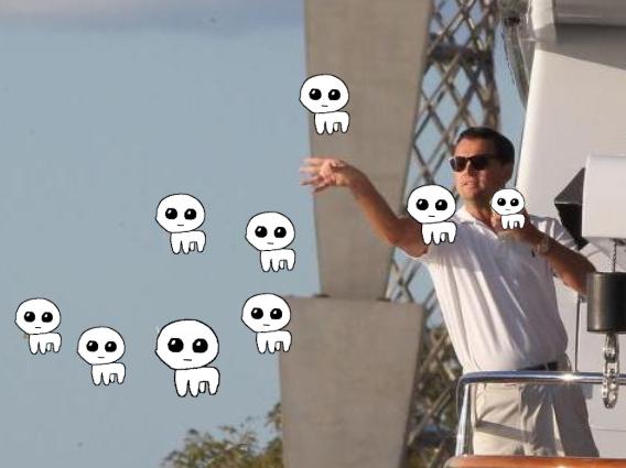 A man in a white polo shirt and sunglasses points toward the sky while standing on a boat, surrounded by cartoon ghost-like figures floating in the air.