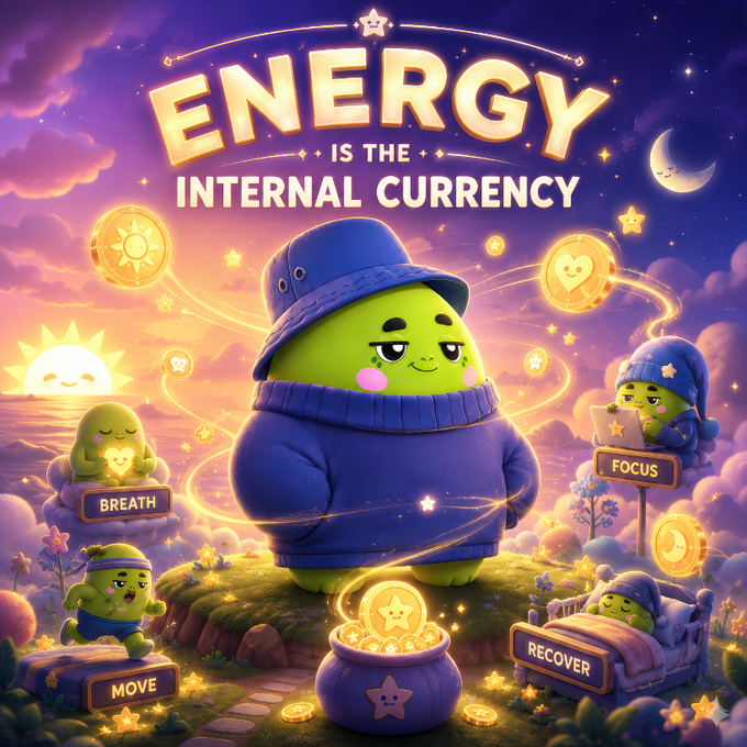 A whimsical Sleepagotchi character in a blue hat and sweater stands centrally on a glowing platform surrounded by labeled activities—"BREATH," "MOVE," "FOCUS," and "RECOVER"—with title text reading "ENERGY IS THE INTERNAL CURRENCY," visually illustrating the concept of earning and spending energy through sleep and healthy habits.