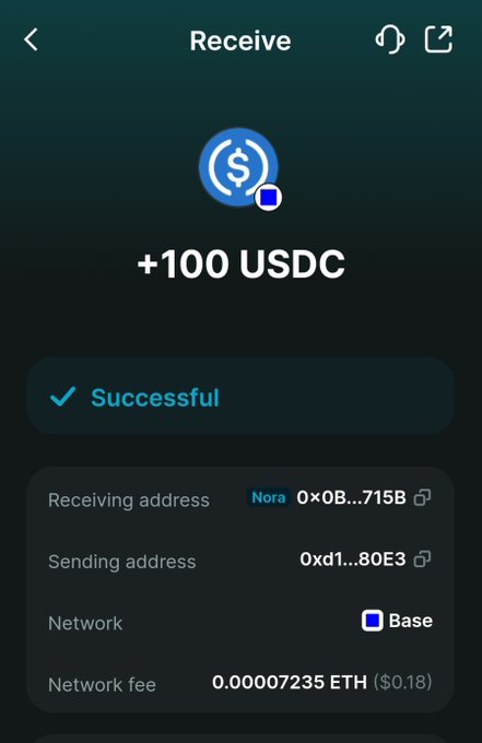 A mobile wallet interface showing a successful receipt of '+100 USDC' on the Base network, with a network fee of 0.00007235 ETH ($0.18).