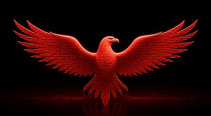 A glowing red eagle with outstretched wings rendered in digital code against a black background, symbolizing the strength and soaring potential of cassator's SL8 staking product—where structured fixed-term staking options (90, 180, and 360 days) across diverse assets like BTC, ETH, and tokenized metals take flight beyond just headline APY numbers.