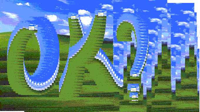 A distorted, glitch-style artistic rendering of a grassy field with blue sky and clouds, featuring small cartoon-like figures overlaid in a stretched, abstract composition.