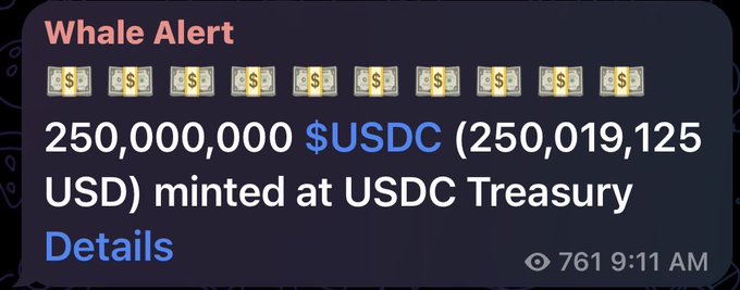 A "Whale Alert" notification announces the minting of 250,000,000 $USDC (worth 250,019,125 USD) at the USDC Treasury, with 761 views at 9:11 AM. This aligns with the post's claim of $250 million in new USDC liquidity issued on Solana, highlighting the addition of significant stablecoin supply to the network.