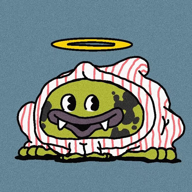 An illustration of a cute green frog-like creature with fangs, wrapped in a red and white striped blanket with a yellow halo floating above its head, set against a blue background.