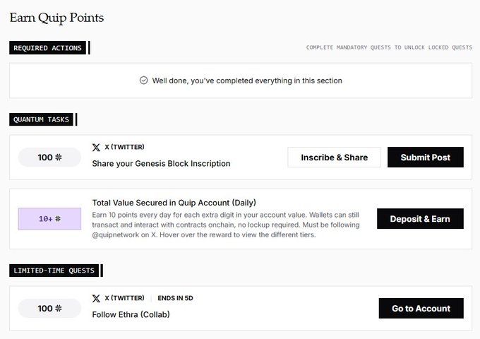 The image shows the "Earn Quip Points" page on quipnetwork, displaying completed required actions and available quests including a 100-point reward for sharing a Genesis Block Inscription on X, 10+ points daily for Total Value Secured in Quip Account, and a limited-time 100-point quest to follow Ethra (Collab) on X/Twitter ending in 5 days. The post aligns with the image by highlighting the Ethra follow quest and mentioning the other available rewards visible on the page.