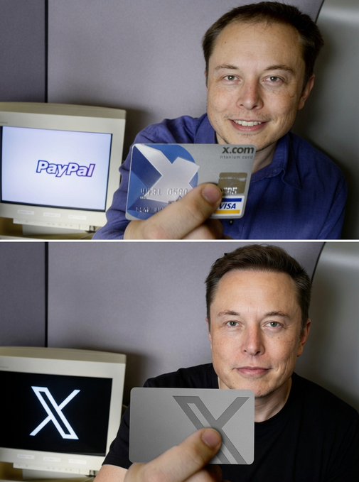 A man holds up an X.com titanium Visa debit card alongside a monitor displaying the X logo in the bottom image, mirroring the top photo where he proudly displays the X.com Titanium Card next to a PayPal-branded monitor—visually bookending the evolution from PayPal to X.