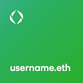 A green square graphic featuring a white circular logo at the top and the text 'username.eth' at the bottom, representing an Ethereum Name Service (ENS) profile.