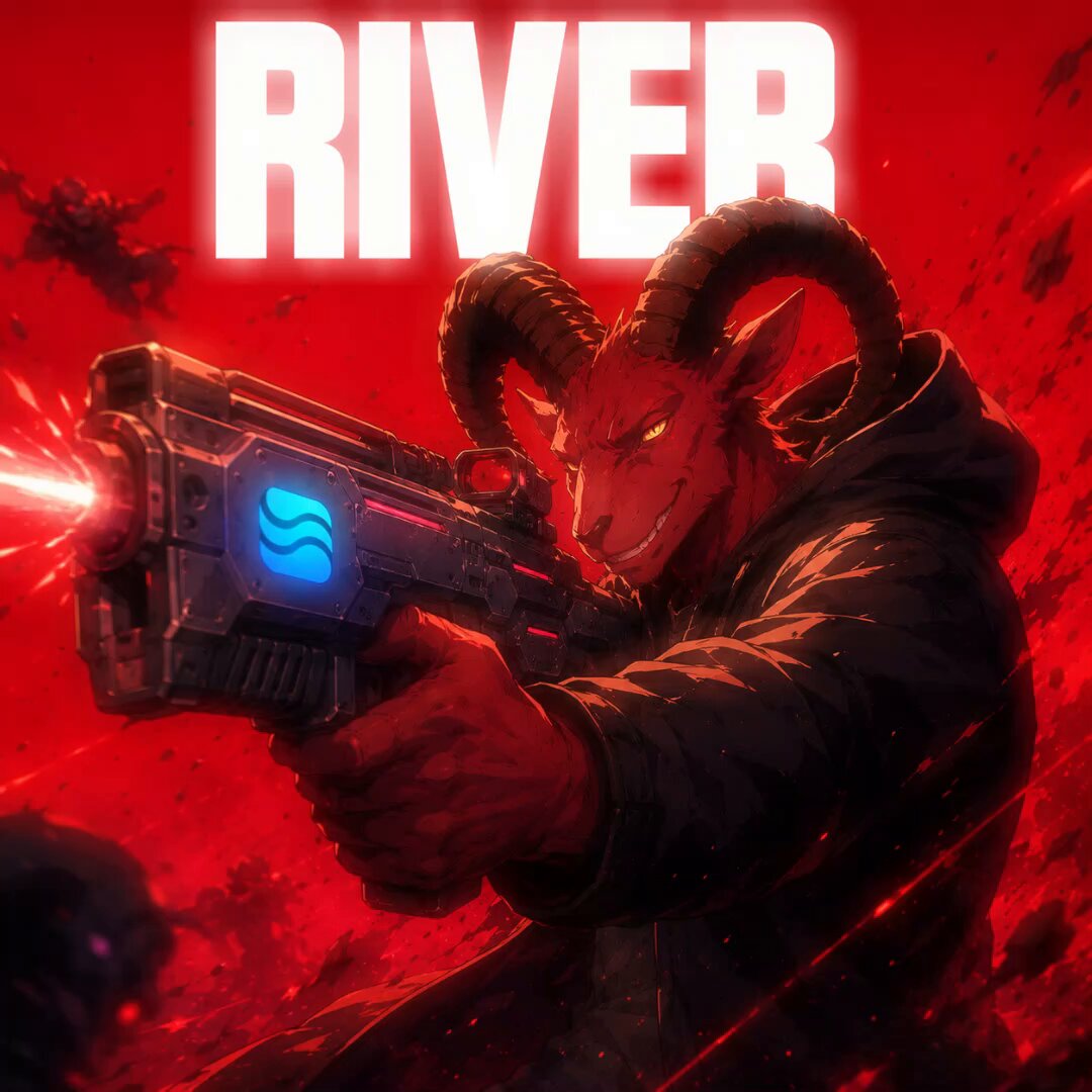 The image features a character with horns holding a gun, standing against a red background. The character appears to be a man or a woman dressed in black clothing, possibly a hoodie. They are facing towards the left side of the image. In the top right corner of the image, there is text that reads "RIVER". This suggests that the image might be related to a game or an online platform where players can engage with characters and complete missions using the character named "RIVER" as their guide. The presence of the character in this context implies that they are on a bridge before being removed by @RiverdotInc, which could be part of a game or an online community.
