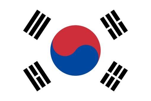 A stylized version of the South Korean flag (Taegeukgi) featuring a white background, the central red and blue taegeuk symbol, and four black trigrams in the corners.