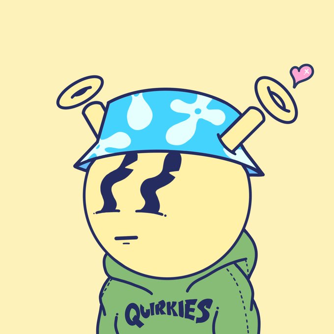 A cartoon-style NFT artwork featuring a yellow character wearing a blue bucket hat with white splatter patterns and a green "QUIRKIES" hoodie, with floating gold coins and a pink heart.