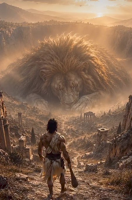 A muscular warrior armed with a club approaches a colossal slumbering lion amid the sun-drenched ruins of an ancient civilization, evoking the mythic hero of Nemean lore. The epic scene captures the spirit of a "GM" call to summon courage and conquer monumental challenges.