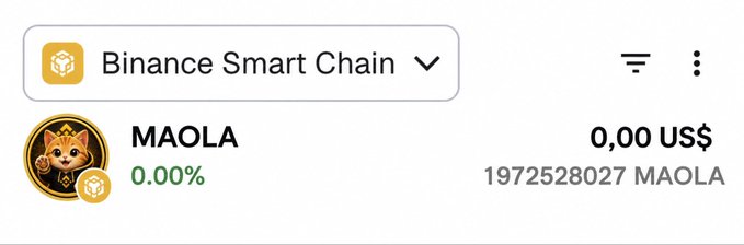 A Binance Smart Chain wallet interface shows a balance of 0.00 USD with 1,972,528,027 MAOLA tokens displayed, relating to a promotional post about a MAOLA token presale where participants send 0.5 BNB to receive 100% rewards in the coin.