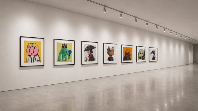 A long, brightly lit gallery wall displays a row of seven framed, colorful portrait artworks featuring stylized animal and character figures. The minimalist exhibition space and contemporary art style visually reinforce the post's theme about shifting trends and dynamics within the NFT market.