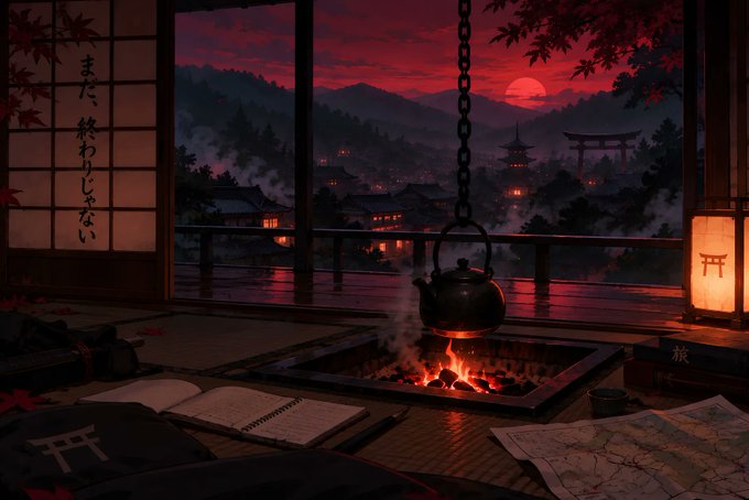 A cozy interior scene looking out onto a traditional Japanese village at sunset, featuring a hanging iron kettle over an open hearth fire, shoji screens with Japanese text, and a glowing paper lantern.