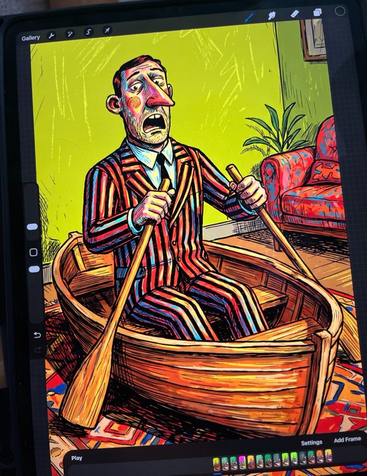 A digital illustration displayed on a tablet shows a startled man in a striped suit rowing a wooden boat in a living room setting.