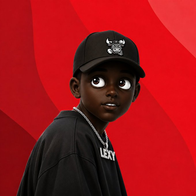 A stylized illustration of a young boy wearing a black Chicago Bulls cap and a shirt reading "LEXY" against a red background.