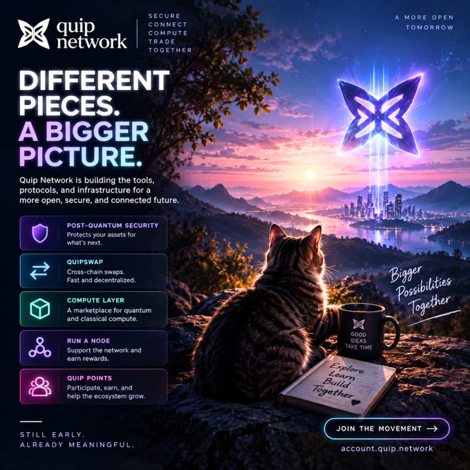 A promotional graphic for Quip Network featuring the tagline 'DIFFERENT PIECES. A BIGGER PICTURE.' showing a tabby cat overlooking a futuristic city, with sections for 'POST-QUANTUM SECURITY', 'QUIPSWAP', 'COMPUTE LAYER', 'RUN A NODE', and 'QUIP POINTS'.