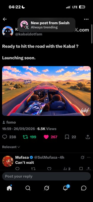 A mobile screenshot of an X.com post by @kabaldotfam reads 'Ready to hit the road with the Kabal? Launching soon.' and shows a stylized red convertible driving through a desert landscape.